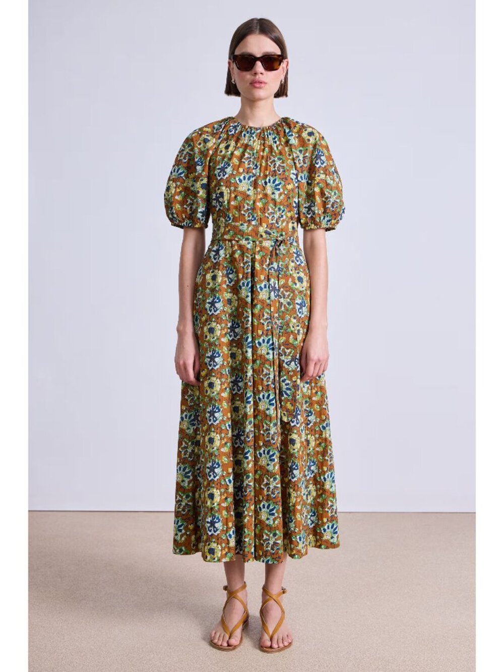 Apiece Apart "Antonella" printed maxi dress in batik floral bronze, size 10??